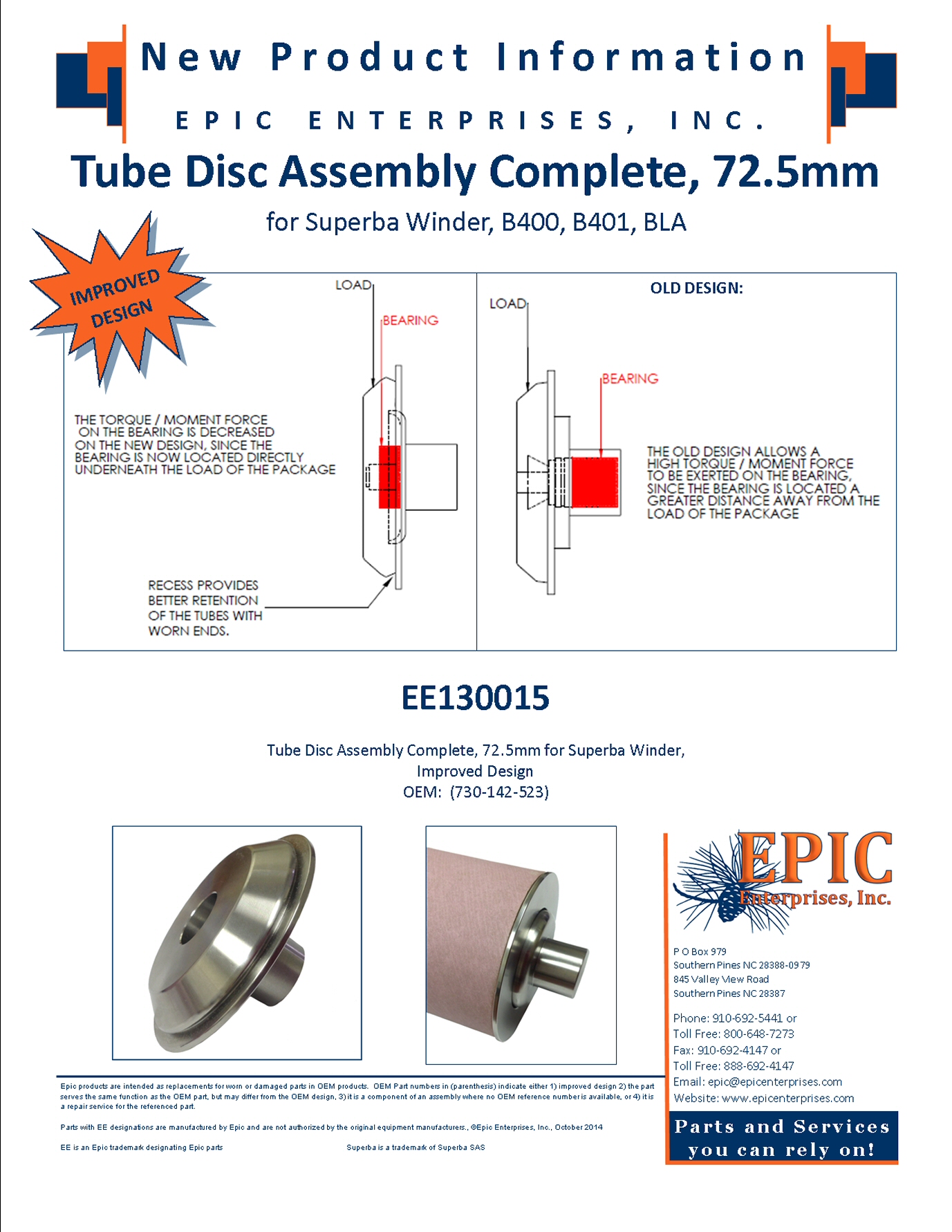 EE130015 Tube Disc Assembly Complete, 72.5mm for Superba Winder, B400, B401, BLA, Improved Design